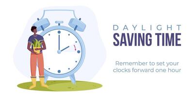 Daylight saving time begins. Spring forward web banner, poster. Vector illustration with alarm clock in minimalist style and man in african ethnicity with pot of flower in hands in flat style.