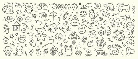 Hand drawn scribble kid doodle icon set. Cute children set of sun, flower, smile, heart, animal, cloud, star, rainbow, fruit. Vector trendy sketch childish elements for stickers, patterns, banners