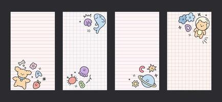 Kid cute story template of notebook sheets with childish elements. Simple scribble vector elements of social media stories with dog, planet, star, letter, cloud, bear, seashell, arrow, stroke