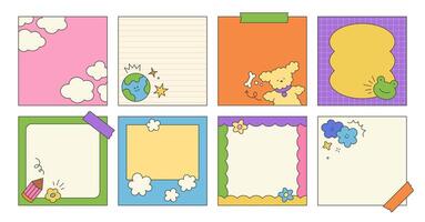 Kid cute notebook sheets with childish elements. Simple scribble vector elements of social media post with dog, planet, star, pencil, cloud, flower, frame, arrow, stroke. Frame or post template