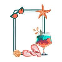 Summer frame with cocktail, flip flops and starfish with seashell vector