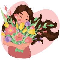 hermosa niña con linda primavera ramo de flores vector