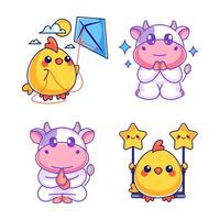 Cute cow with chicks set vector