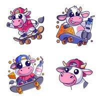 Cute cow wearing a hat and playing skateboard set vector