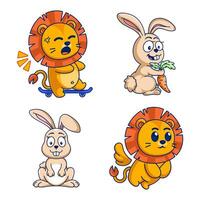 Cute lion and rabbit in cartoon style set vector