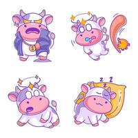 Cow feeling dizzy in cartoon style set vector