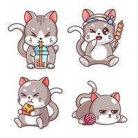 Cute cat eating and drinking, cartoon style set vector