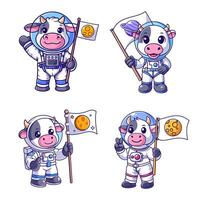 Cute cow dressed as an astronaut and carrying a flag set vector