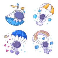 Cute astronaut playing with parachute in cartoon style set vector