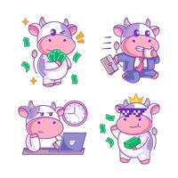 Cow working enthusiastically in cartoon style set vector