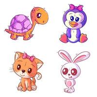 Cute turtles, cat, rabbit and penguins, hand drawn style set vector