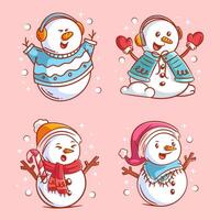 Snowman feeling happy, cartoon style set vector