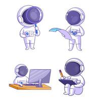 Cute astronaut looking for something, cartoon style set vector