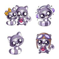 Cute raccoon, hand drawn style set vector