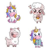 Cute unicorn and sheep, hand drawn style set vector