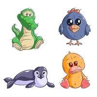 Cute crocodiles, birds, sea lions and ducks, hand drawn style set vector