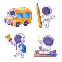 Cute astronaut going to school, cartoon style set vector