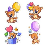 Cute bear with balloon, hand drawn style set vector