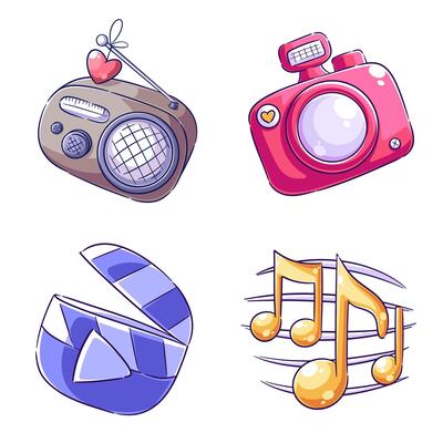 Radio, camera, play, and music notes design, hand drawn style set