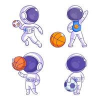 linda astronauta que lleva un pelota, dibujos animados estilo conjunto vector