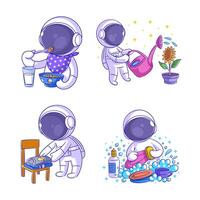 Cute astronaut doing routine activities, cartoon style set vector