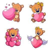 Cute bear with heart, hand drawn style set vector