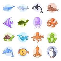 Cute marine life, hand drawn style set vector