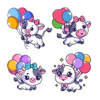 Cute cow flying with balloon set vector