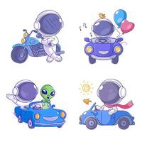 Cute astronaut and vehicle cartoon style set vector