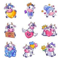 Cute cow with heart, hand drawn style set vector