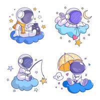 linda astronauta en nubes dibujos animados estilo conjunto vector