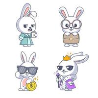 Cute rabbit working, cartoon style set vector