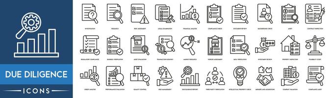 debido diligencia icono. investigación, investigación, riesgo evaluación, legal examen, financiero análisis, conformidad controlar, documento revisar, antecedentes controlar, auditoría y contrato inspección icono colocar. vector