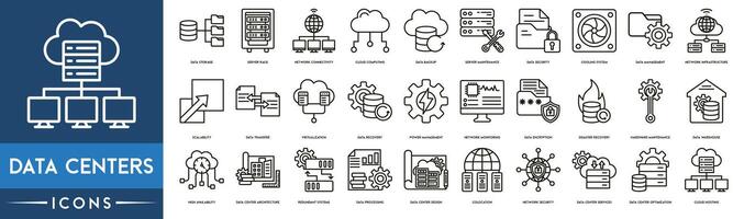 Data centers icon. Data Storage, Server, Network Connectivity, Cloud Computing, Backup, Server Maintenance, Security, Data Management, Virtualization and Data Recovery icon set. vector