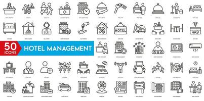 Hotel Management icon. Hotel Reception, Check-In, Check-Out, Concierge Service, Reservations, Room Service, Hotel Keys, Front Desk, Hotel Bell and Housekeeping icon set. vector