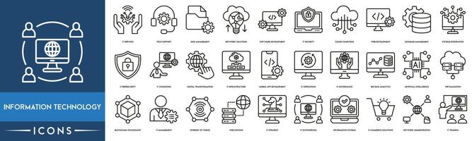 Information Technology icon. IT Services, Tech Support, Data Management, Network Solutions, Software Development, IT Security, Cloud Computing, Web Development and Database Management icon set. vector