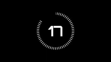 20 seconds countdown timer animation from 20 to 0 seconds. Modern white timer on black background video