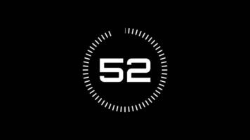 55 seconds countdown timer animation from 55 to 0 seconds. Modern white timer on black background video