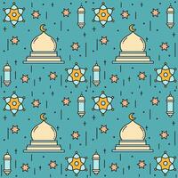 Ramadan Serenity, Blue-Turquoise Pattern with Mosque, Lanterns, and Crescent Moon vector