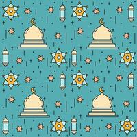 Ramadan Serenity, Blue-Turquoise Pattern with Mosque, Lanterns, and Crescent Moon vector