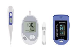 Medical equipment icons. Tonometer, thermometer, pulse oximeter, ECG vector