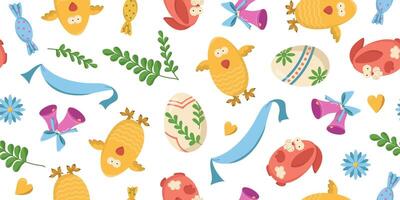 Vector seamless banner with Easter eggs, bunnies and chicken. Color illustration of an egg hunt.