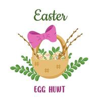 Vector color card with Easter eggs in a basket with a bow in the leaves. Easter egg hunt invitation template on white background.