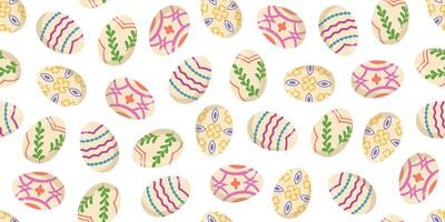 Vector seamless banner with Easter painted eggs. Color illustration of an egg hunt. Happy spring holiday background.