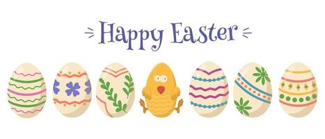 vector bandera con Pascua de Resurrección huevos y polluelo. conjunto de pintado huevos con un amarillo pollo en un blanco antecedentes.