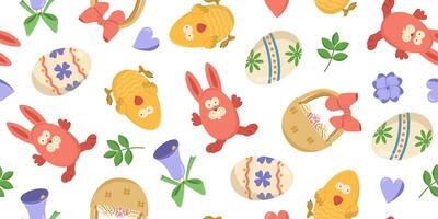 Vector seamless banner with Easter eggs in a basket, bunnies and chicken. Color illustration of an egg hunt.