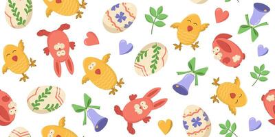 Vector seamless banner with Easter eggs, bunnies and chicken in different poses. Color illustration of an egg hunt.