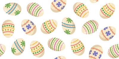 Vector seamless banner with Easter painted eggs. Color illustration of an egg hunt.