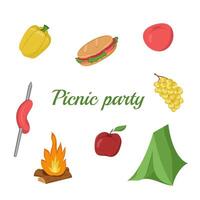 vector ilustración de picnic comida y bebidas vistoso tarjeta para un parilla fiesta. familia fin de semana elementos. barbacoa elementos. imagen de verduras, frutas, picnic artículos con cámping elementos.