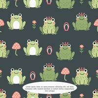 Cute frogs with mushroom seamless pattern. Funny green frog character. Vector pattern in flat style on white background.